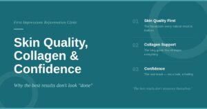 Skin Quality, Collagen and Confidence — blog header graphic for First Impressions Rejuvenation Clinic, featuring the three pillars of natural aesthetic results: skin quality first, collagen support, and confidence 