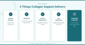 Infographic showing five things collagen support delivers: dermal density, elasticity, texture refinement, line softening, and treatment longevity — First Impressions Rejuvenation Clinic