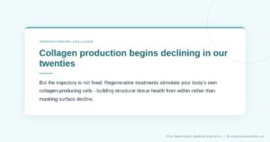 Collagen decline timeline illustration showing skin changes from twenties through fifties and onward First Impressions NP Nova Scotia